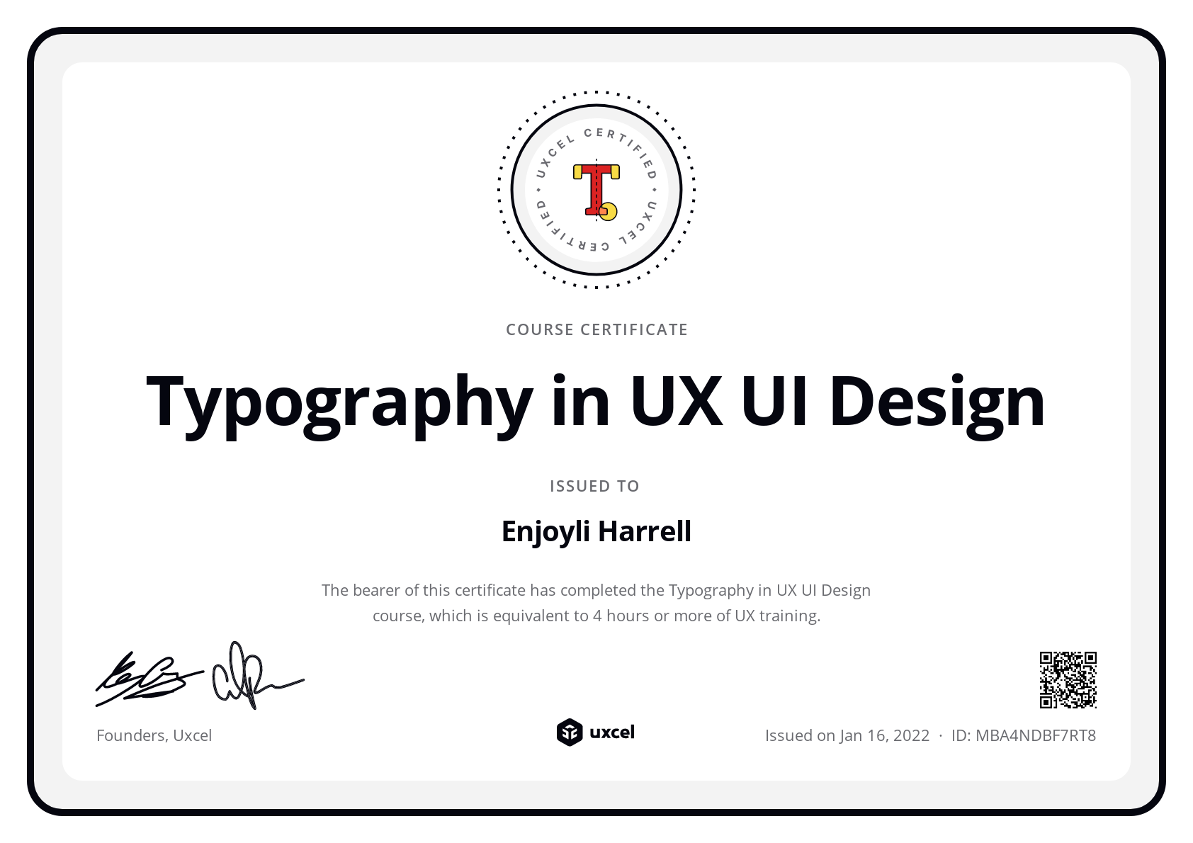 Enjoyli Harrell's certificate